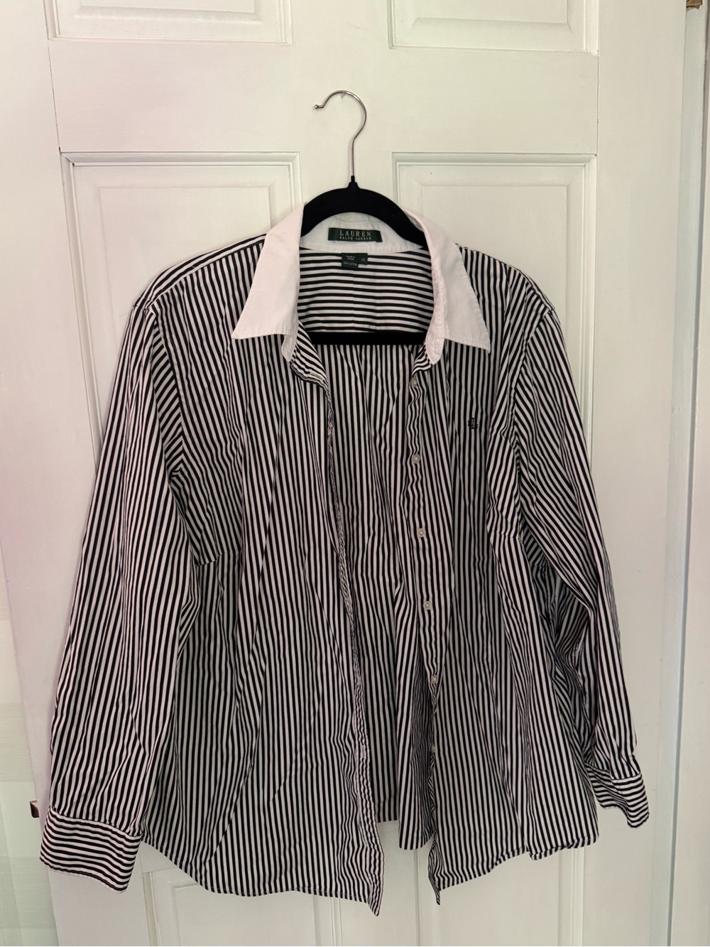 Vintage Ralph Lauren Black & White Striped Shirt with Contrast Collar